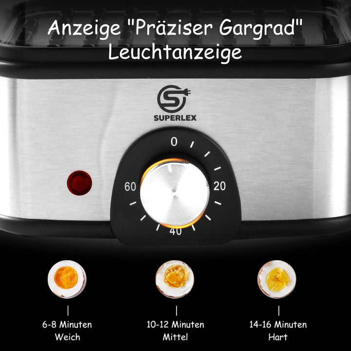 SUPERLEX 2-Schicht Eierkocher Edelstahl für bis zu 16 Eier, elektrischer Dampfgarer, mit Zeiteinstel