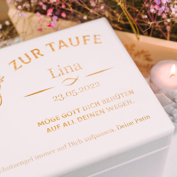 LAUBLUST Holzkiste mit Gravur - Personalisiert mit Name | Datum | WIDMUNG - Weiss, Grösse M - Friede