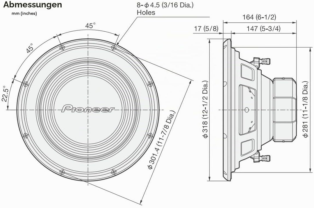 Pioneer TS-A300S4 Subwoofer mit Schwingspule für den Gehäuseeinbau (1.500 W), 30 cm/12", IMPP Membra