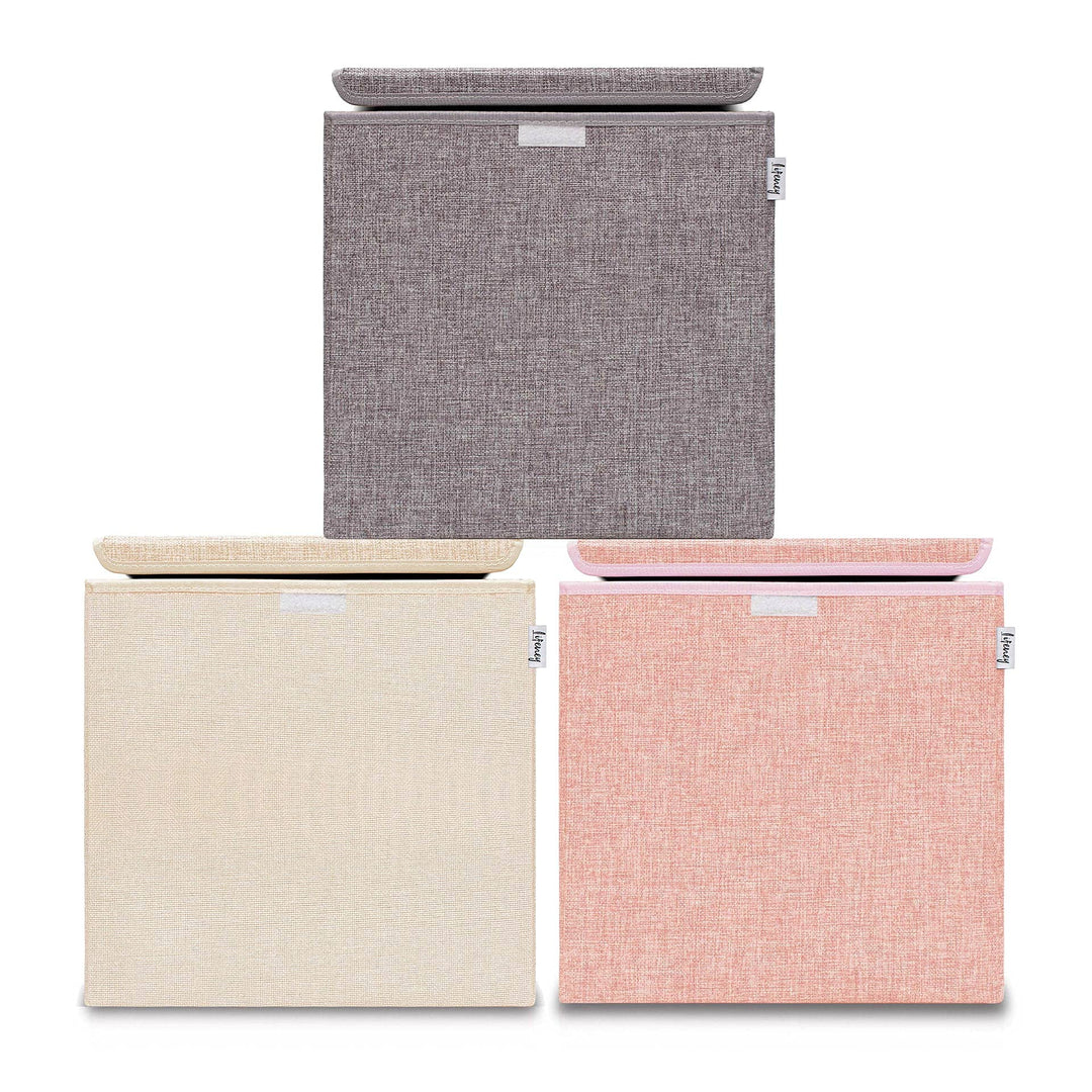 LIFENEY Aufbewahrungsbox mit Deckel im 3er Set Beige, Grau und Rosa I Dreierpack Spielzeugbox passen