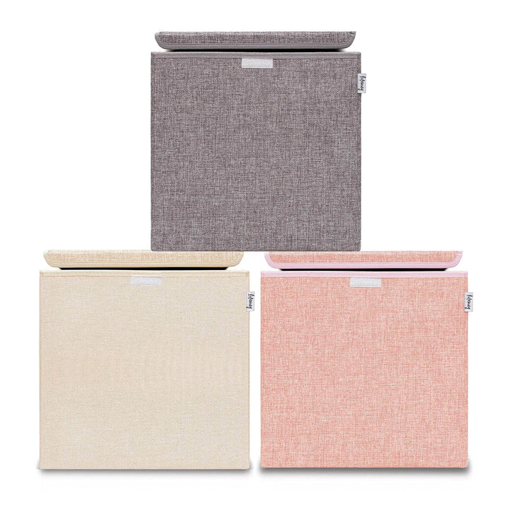 LIFENEY Aufbewahrungsbox mit Deckel im 3er Set Beige, Grau und Rosa I Dreierpack Spielzeugbox passen