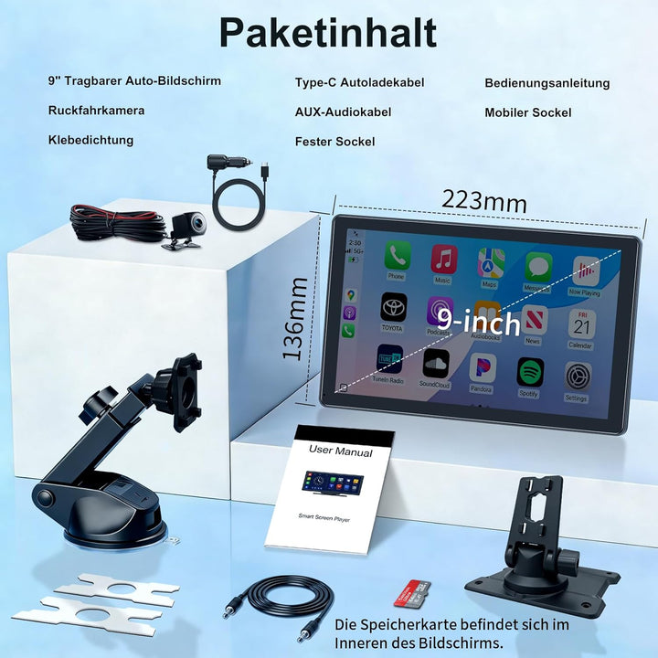 9 Zoll CarPlay Display für Autos - Kompatibel mit Apple CarPlay & Android Auto, Bluetooth 5.3,1080P