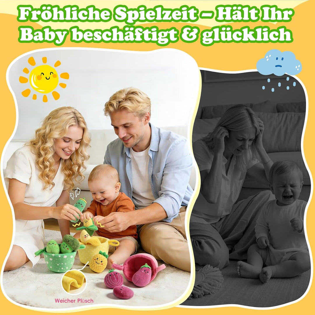 Baby Spielzeug 6 7 8 9 10 12 Monate, Gemüse und Obst Plüsch Spielzeug(16PCS) mit Rassel & Knisterpap