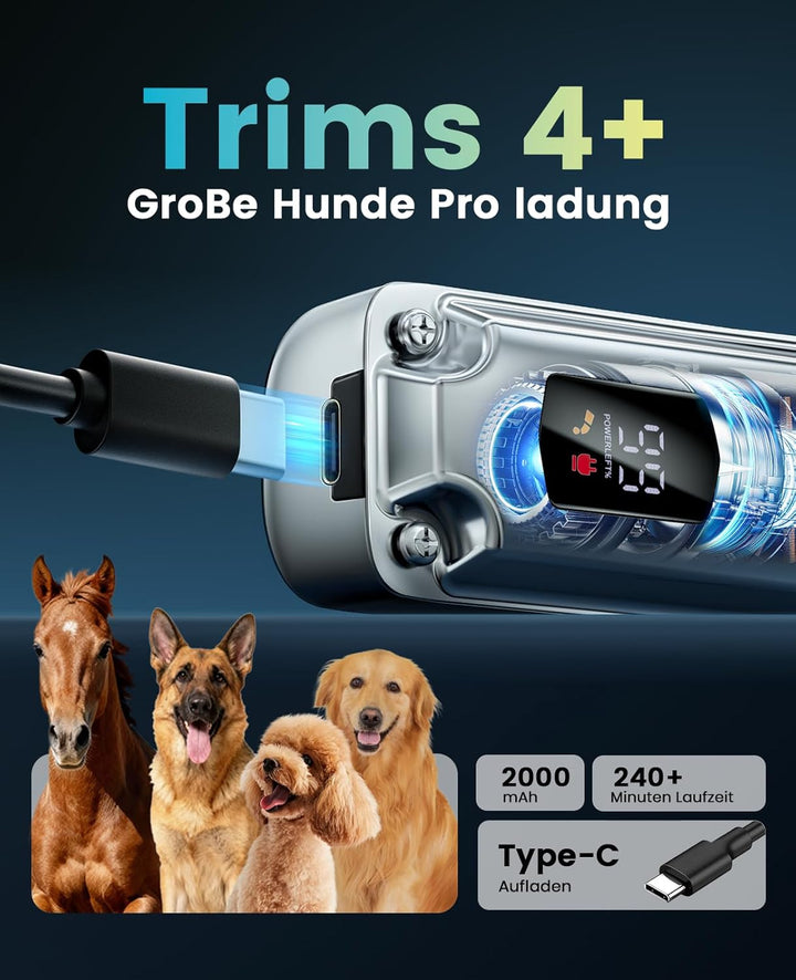 oneisall Kabellose Leise Schermaschine Pferd Hund Langhaar dickes Fell, Hundeschermaschine mit abneh