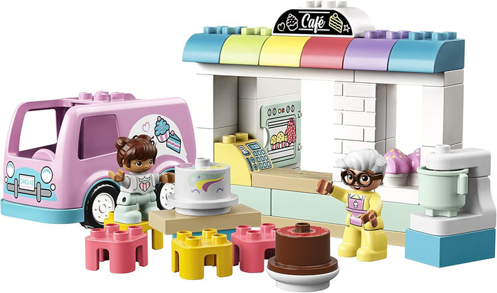 LEGO 10928 DUPLO Tortenbäckerei Spielset mit Café-Wagen, Kuchen und Cupcakes, grosse Bausteine für K