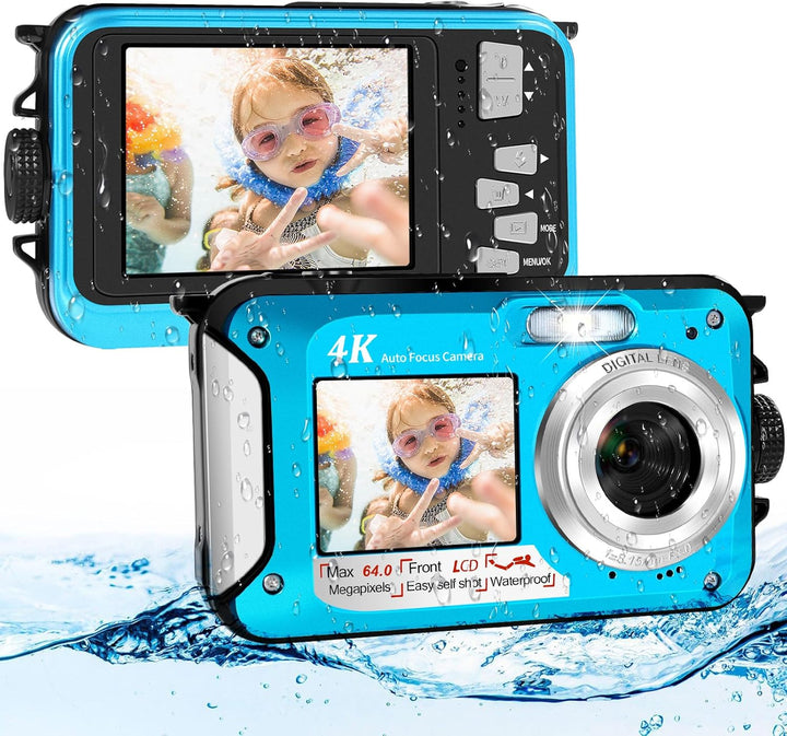64MP Unterwasserkamera mit 64GB Speicherkarte, 4K unterwasser kamera mit Autofokus & Dual-Selfie-Bil