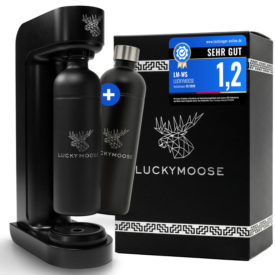 Luckymoose® Infinity Wassersprudler mit 2x 1,25L Edelstahlflaschen - Spart bis zu 25% CO2 dank Stopp