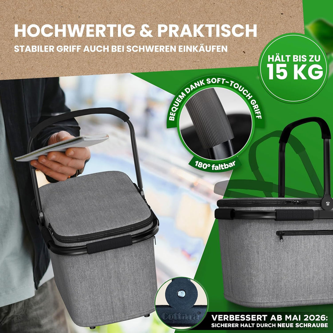 Thermo Einkaufskorb Kühltasche gross | isolierter Einkaufskorb mit Deckel, verstärktem Boden, Frontf