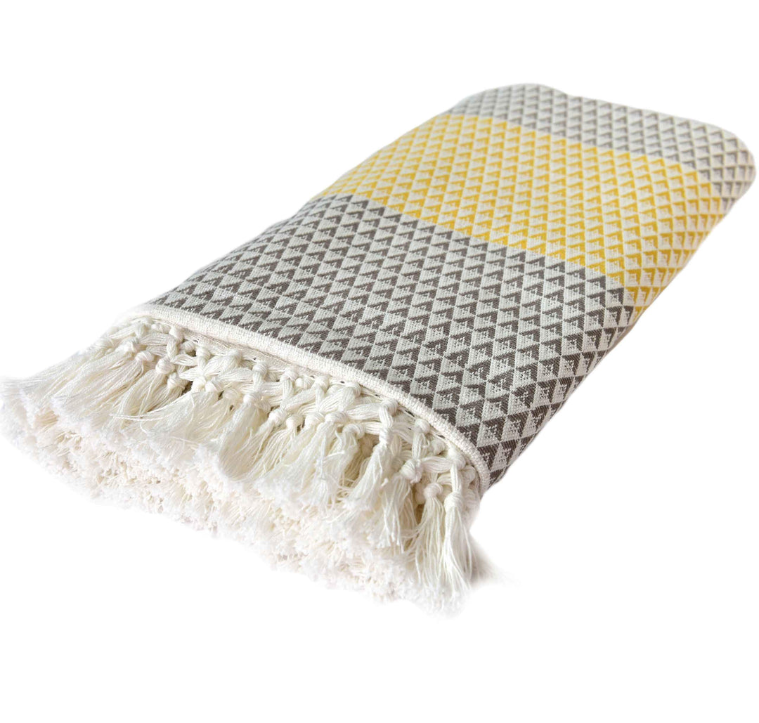 Wohndecke Plaid Dana, 150x200 cm, Weiss (Weiss) Braun Gelb (senfgelb), Gemustert, Boho, Baumwolle, g