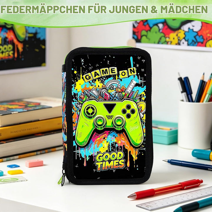 41 Artikel Federmappe Jungen, Federmäppchen 3 Fach Jungen Mäppchen Gefüllt Spiel Set, Federtasche 3