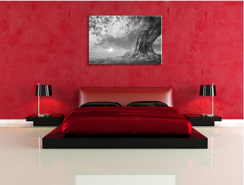 Pixxprint Verwurzelter starker Baum im Sonnenuntergang Kunst Kohle Effekt, Format: 100x70 auf Leinwa