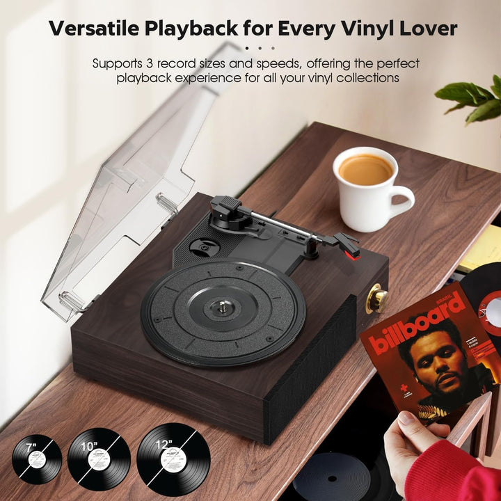 FYDEE Vintage Vinyl Plattenspieler mit integrierten Lautsprechern, Bluetooth 5.4 Vinyl-Player, 3 Ges