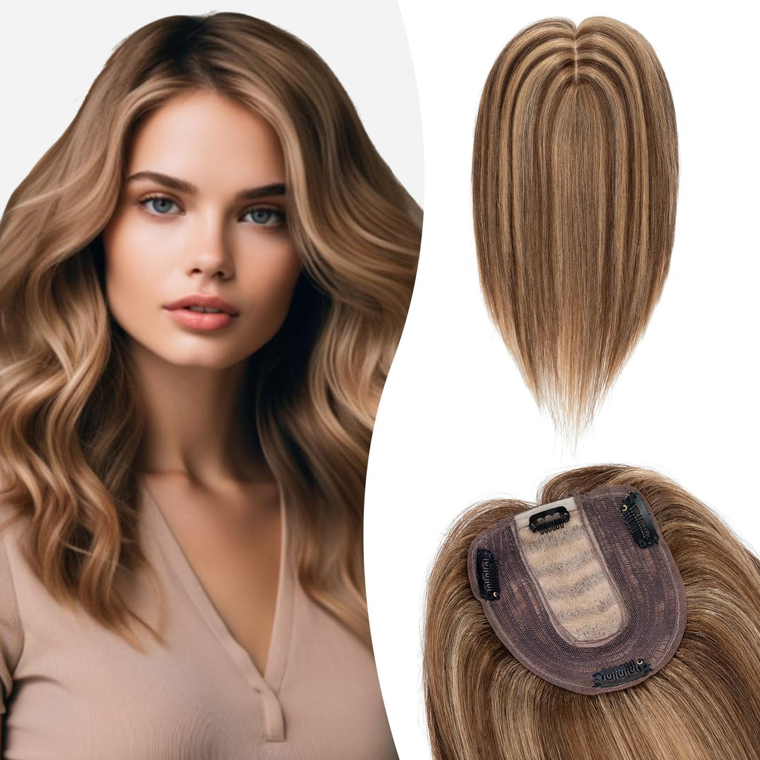 Silk-co Haarteile Echthaar, 10x12cm Haartopper Clip in Extensions Echthaar Topper Haarverlängerung,