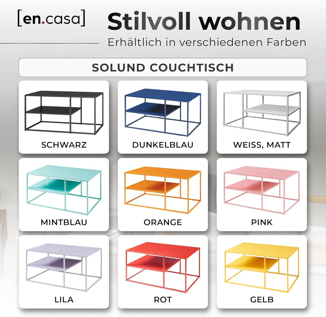 [en.casa] Couchtisch Solund Beistelltisch Metall Weiss Wohnzimmertisch mit Stauraum 90 x 60 x 45 cm