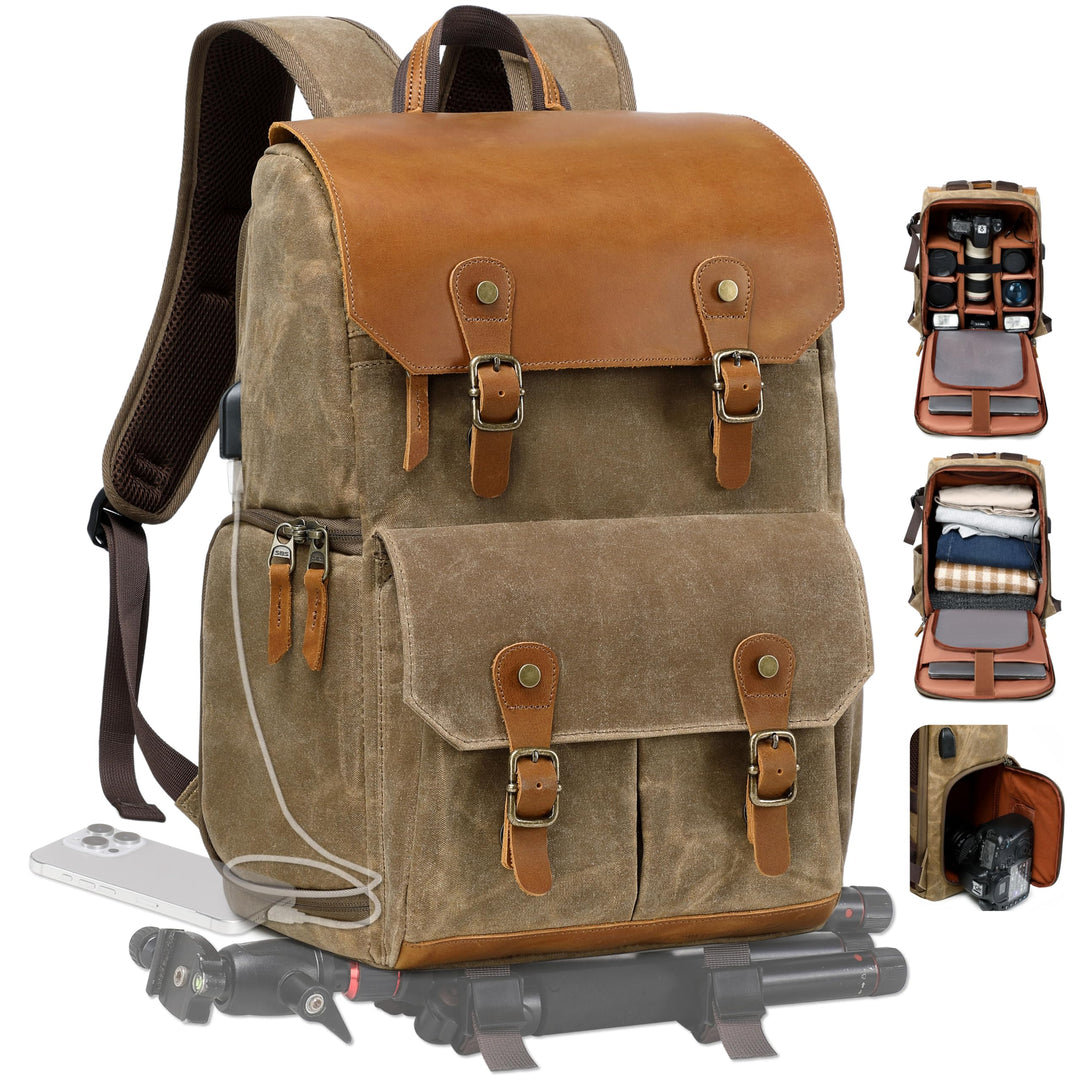 Padwa Lifestyle Khaki Kamerarucksack - wetterfeste Kameratasche aus gewachstem Memory Canvas mit 16“