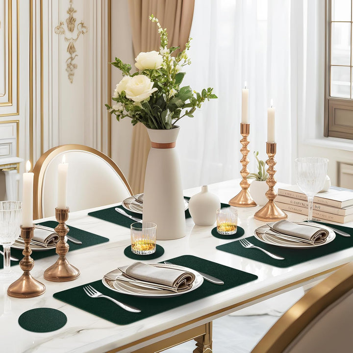 Tischsets Abwaschbar 6er Set und Untersetzer Lederoptik Platzsets Dunkelgrün, Dunkelgrün