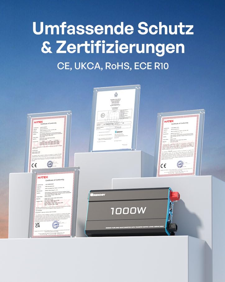 Renogy 1000W/2000W Reiner Sinus Wechselrichter mit Netzvorrangschaltung, 12V zu 230V Spannungswandle