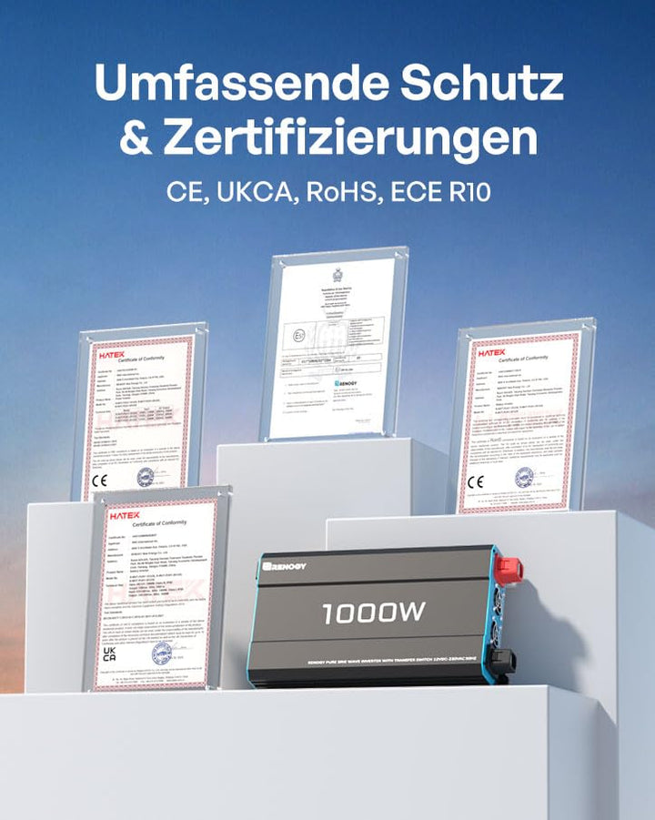 Renogy 1000W/2000W Reiner Sinus Wechselrichter mit Netzvorrangschaltung, 12V zu 230V Spannungswandle