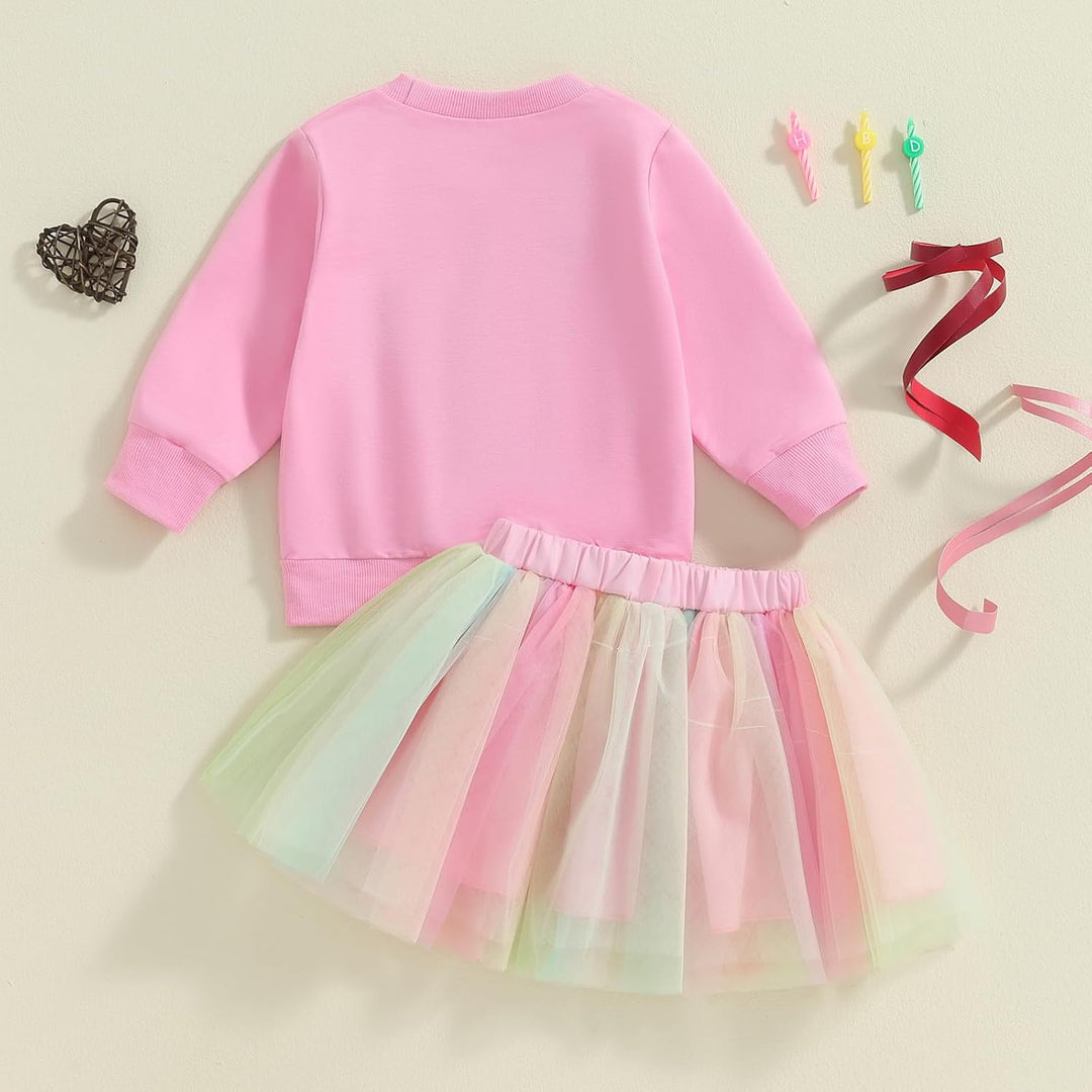 MAHUAOYIXI Baby Mädchen Geburtstag Outfit Prinzessein Spitzen Rock Set Langarm Buchstaben Stickerei
