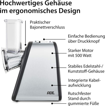 ADE Küchenreibe elektrisch, Gemüseschneider, Parmesanreibe, Gemüsereibe, Käsereibe, Gemüsehobel Karo