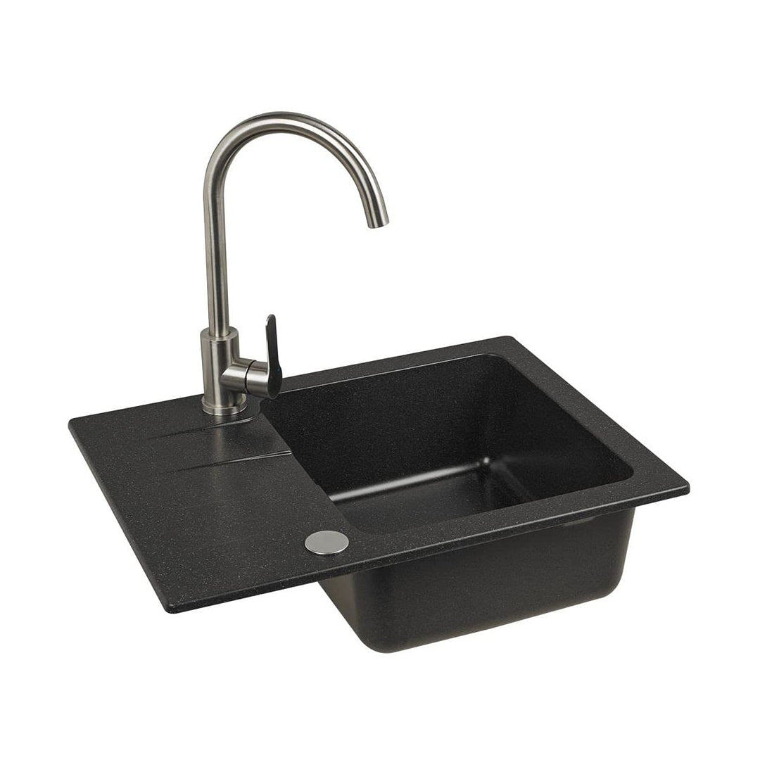 VBChome Spülbecken mit Armatur 60 x 44 cm Einzelbecken Schwarz Granit Rechteckig Reversibel Einbausp