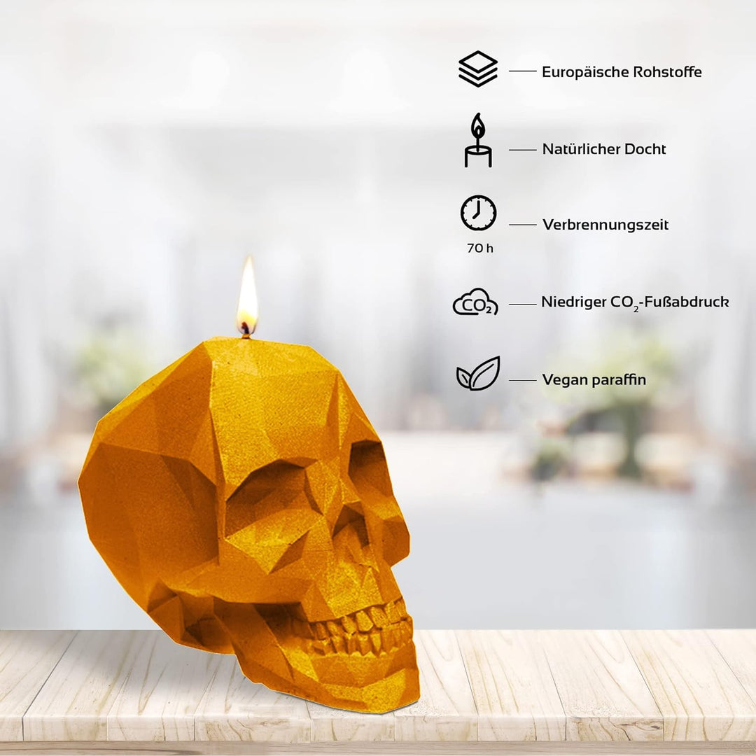 Candellana Kerze Kleiner Schädel Low Poly | Höhe: 7,5 cm | Orange | Totenkopf | Handgemacht in der E