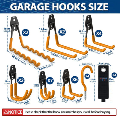 3-H Wandhaken Garage, Gerätehaken Schwerlast Doppelhaken 31 Stück für Leiter, Geräte, Werkzeuge, Sch