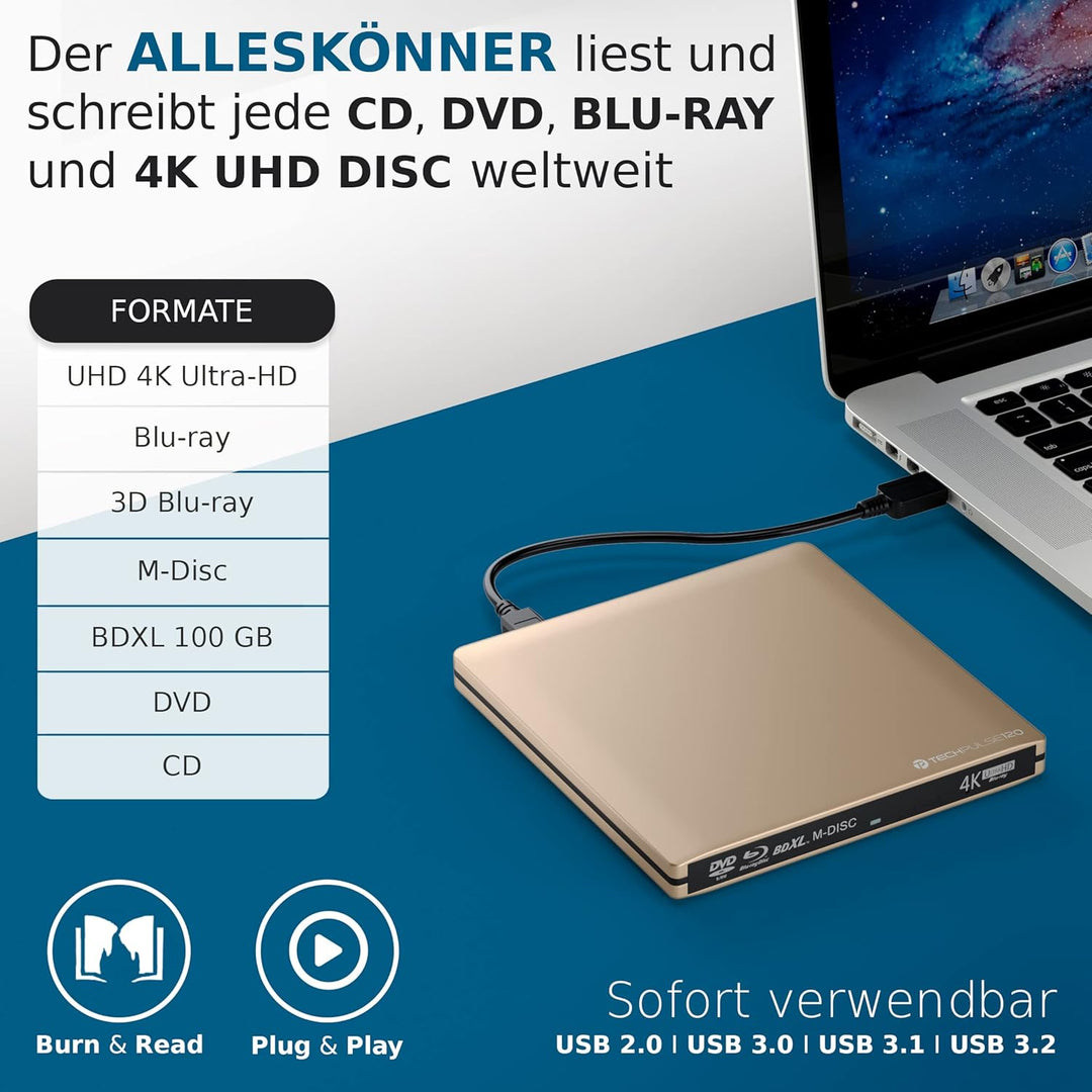 techPulse120 Externes UltraHD UHD 4k 3D M-DISC BDXL HDR10 100GB USB 3.0 & USB-C Laufwerk Bluray Bren