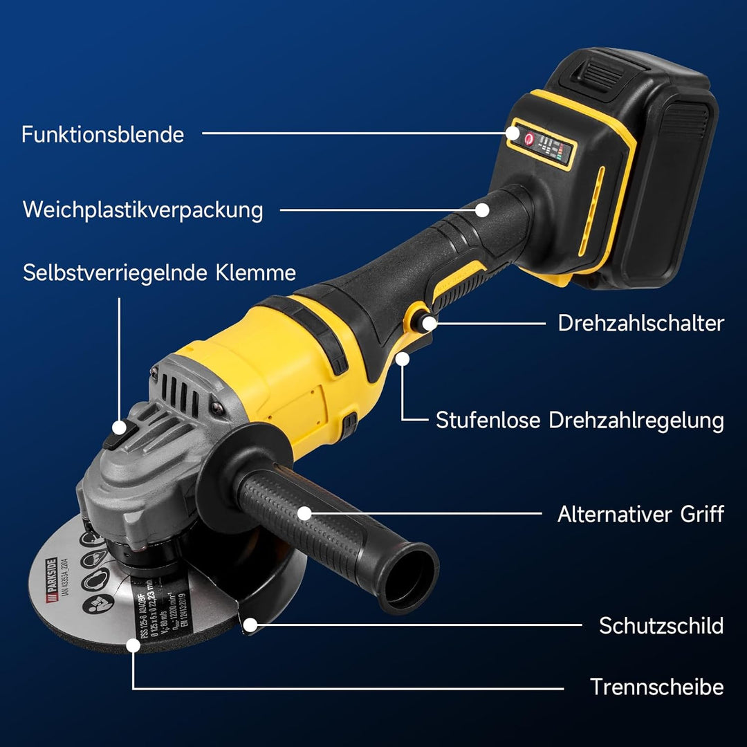 1500W Schleifwerkzeug Winkelschleifer, 21V Akku Winkelschleifer zum Schneiden Polieren und Schleifen
