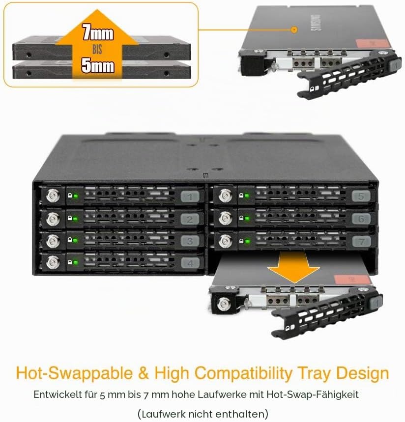 ICY DOCK 8-Bay 2,5 Zoll SATA/SAS SSD/HDD Wechselrahmen in 1x 5,25 Zoll Schacht - Vollmetall mit Schl
