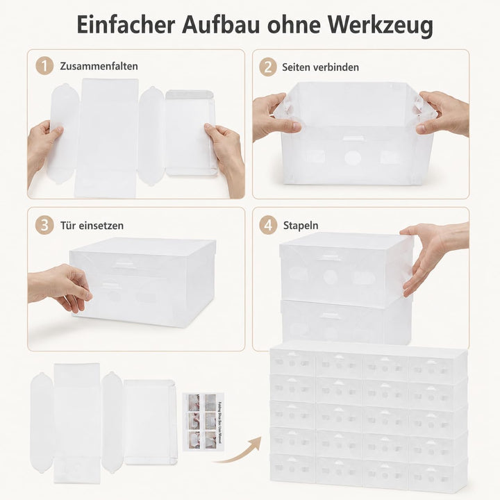20 Stück Transparent Schuhbox Organizer Stapelbar Schuhaufbewahrung Klappbar Schuhboxen Kunststoff S