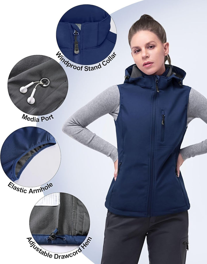 33,000ft Damen Softshell Westen mit Abnehmbare Kapuze Fleece Gefütterte Ärmellose Jacke Wasserdichte