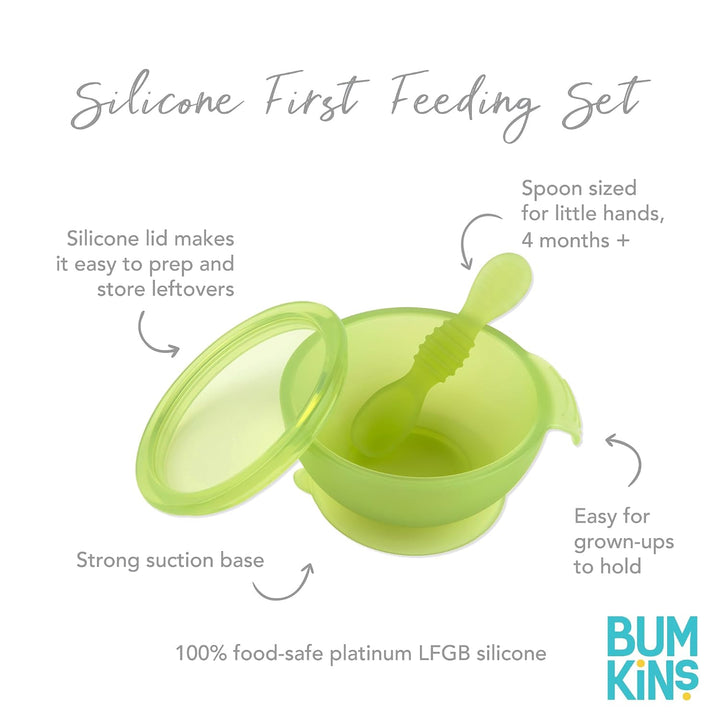 Bumkins - Erstes Baby Fütterungsset aus Silikon mit Saugnapf, Deckel und Löffel, Grün Jelly Green Je