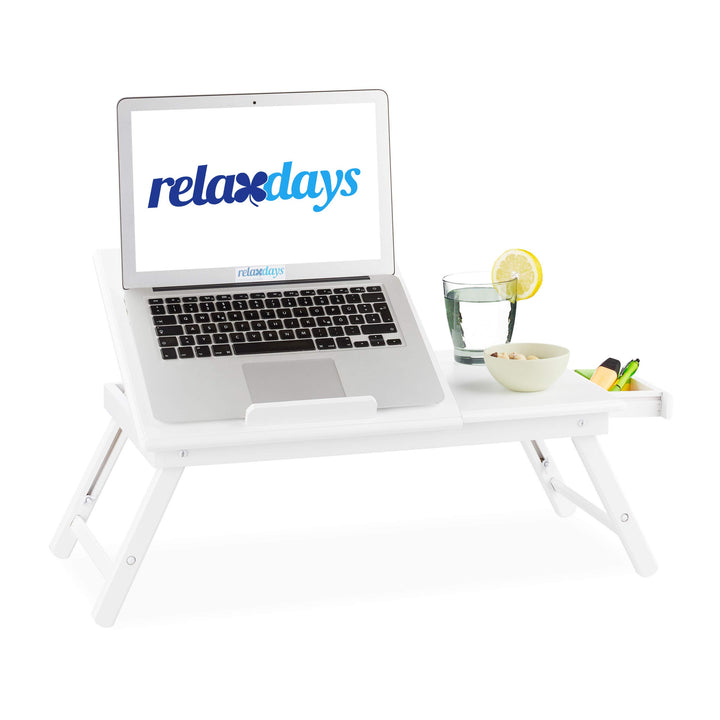 Relaxdays Bambus Laptoptisch, höhenverstellbarer Laptopständer für Bett und Sofa, mit Schublade, HBT