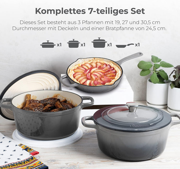MasterPro Unique | Topfset 7-Teilig mit 3 Pfannen von 19, 27 und 30,5 cm Durchmesser und 1 Pfanne vo