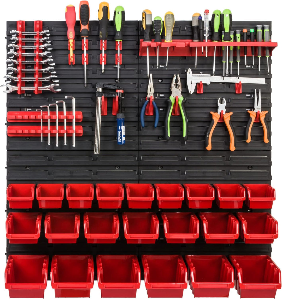 Lagersystem Werkstattregal | 78 x78 cm | 22 stck. Box | Wandregal mit Werkzeughalterungen und Stapel