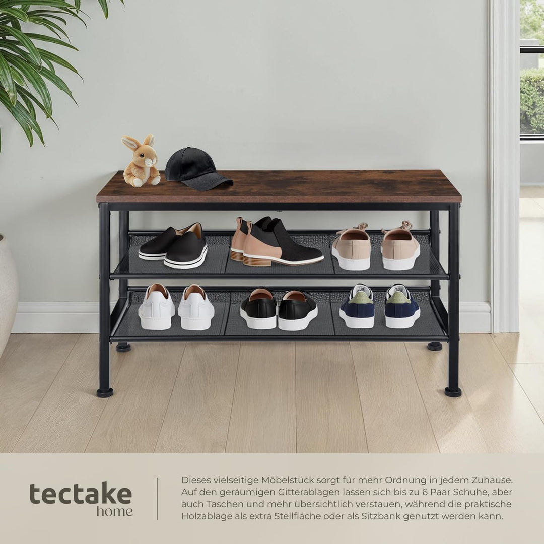 tectake® Schuhregal schmal mit Sitzfläche, Schuhbank 3 Ebenen, 2 Gitterablagen, Schuhregal platzspar