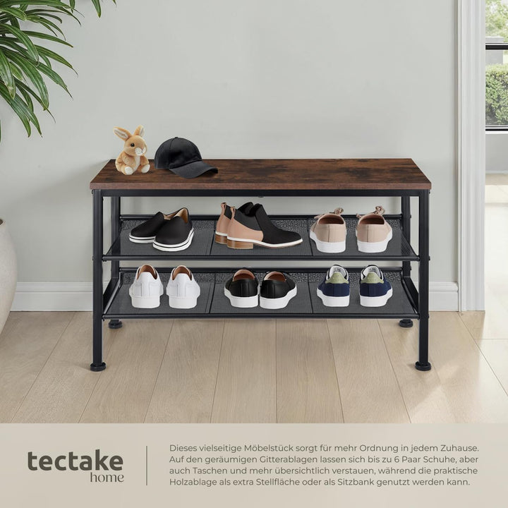 tectake® Schuhregal schmal mit Sitzfläche, Schuhbank 3 Ebenen, 2 Gitterablagen, Schuhregal platzspar