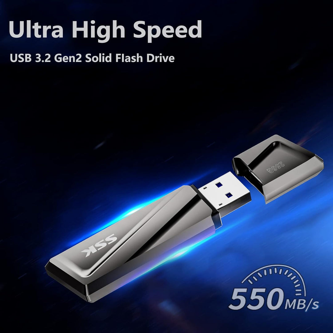 SSK USB3.2 SSD Stick 256GB, High Speed bis zu 550MB/s Extreme Schneller Adapter Externe Tragbare SSD