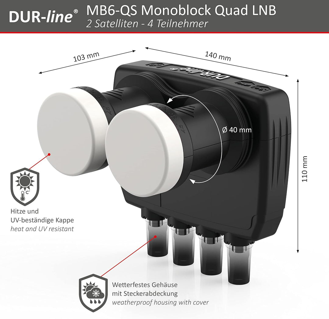 DUR-line 6° Monoblock Quad LNB - Astra 19,2°E + Hotbird 13°E - 4 Teilnehmer & 2 Satelliten (MB6-QS)