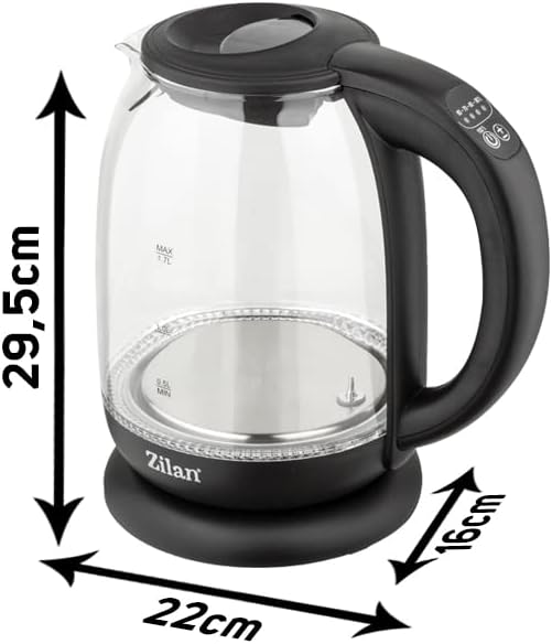 Zilan kabelloser Wasserkocher aus Borosilikatglas mit digitalen Display und LED, 1,7 l, 5 Temperatur
