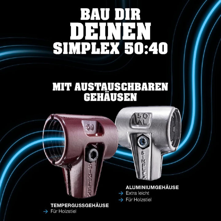 SIMPLEX-Schonhammer, TPE-soft/Superplastik; mit Aluminiumgehäuse und hochwertigem Holzstiel | D=50 m