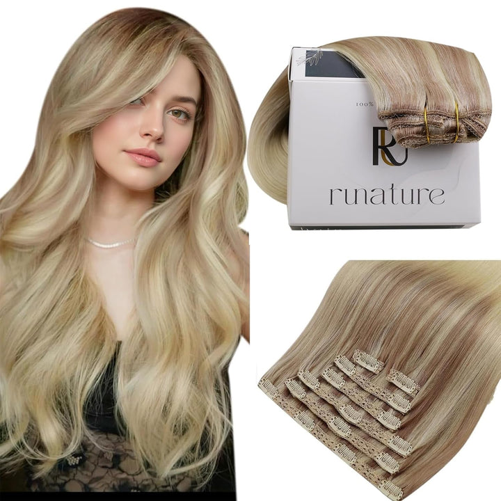 RUNATURE Clip in Extensions Echthaar Balayage 50cm Blond Ombre Platinblond Remy Haarverlängerung 120