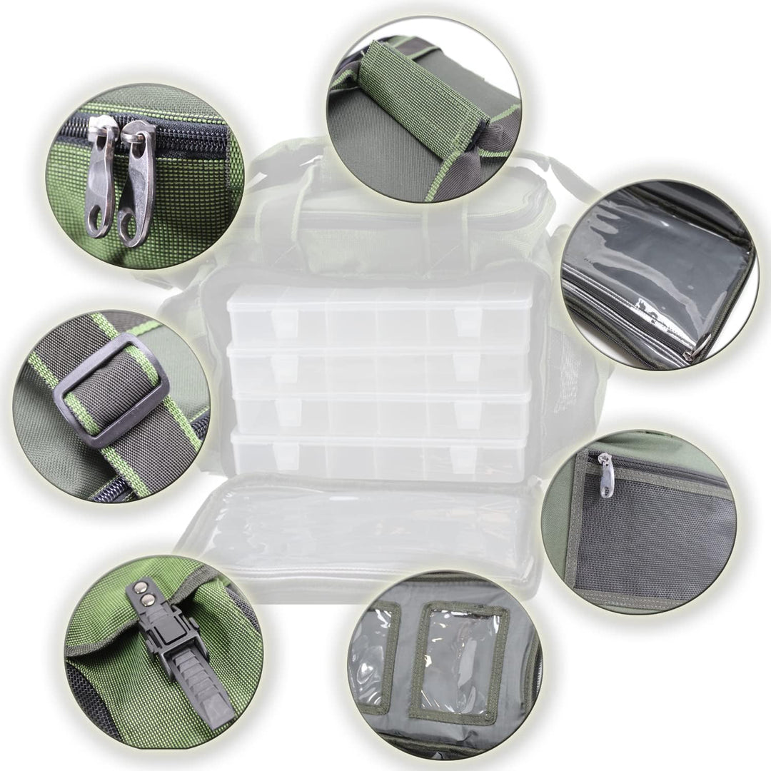 QMBasic Angelboxentasche inkl. 4 Tackle-Boxen | Angelkoffer für Zubehör Wasser-Abweisend gepolsterte