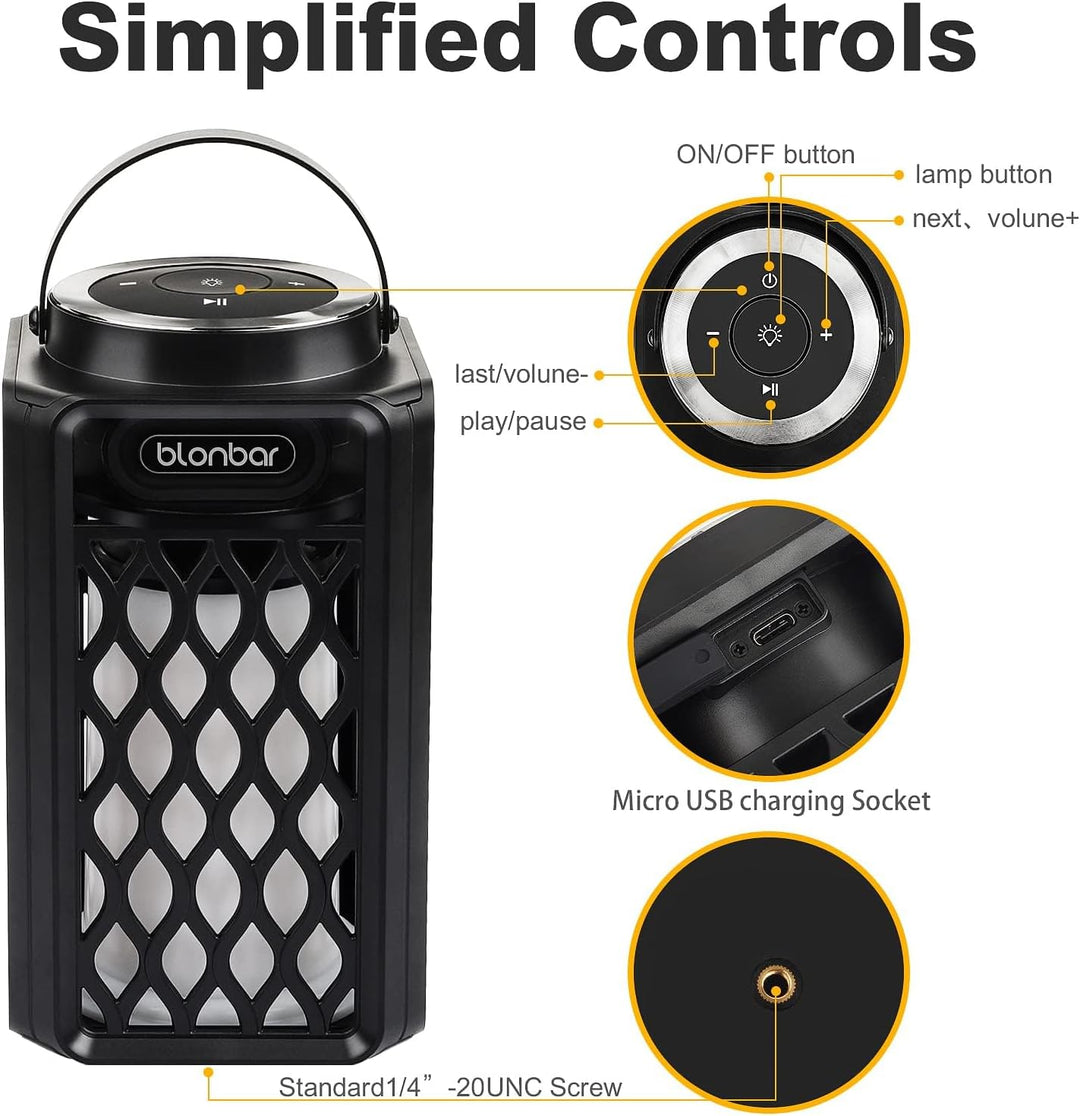 Bluetooth Lautsprecher mit Flammenlicht, IP65 Wasserdicht Outdoor Lautsprecher & Taschenlampe für Te
