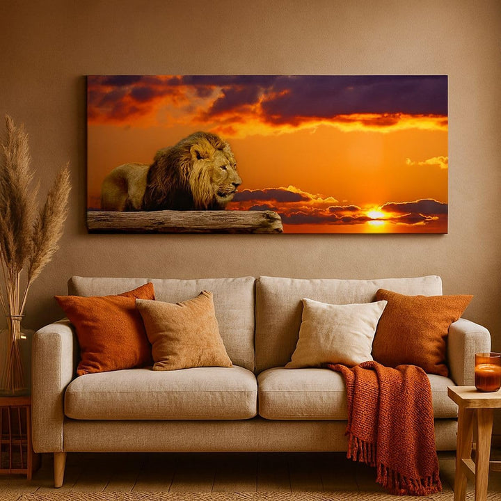 Wandbilder Dekoration Wohnzimmer Löwe Sonne Landschaft Panorama Bilder auf Leinwand 120x50cm Leinwan