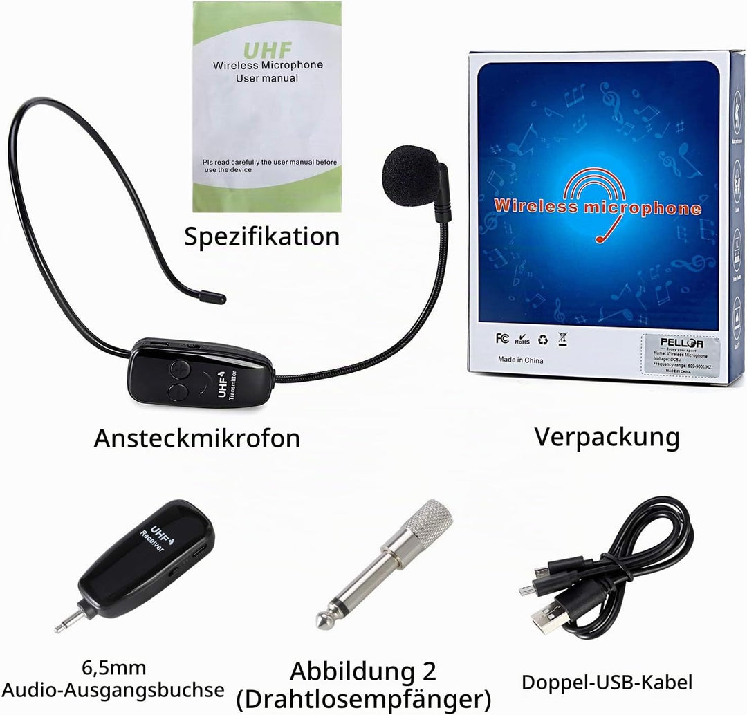 PELLOR Wireless UHF Mikrofon, Professionell Kabellos Wiederaufladbar Mikrofon Headset Sprachverstärk