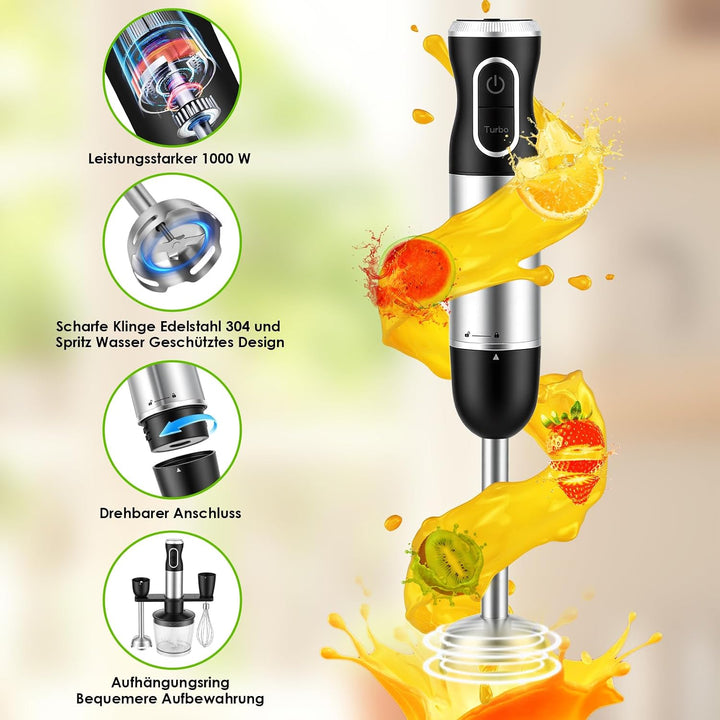 4-In-1 Elektrische Stabmixer, 1000 W Pürierstab mit 12 Geschwindigkeiten, Stabmixer Edelstahl Schnee