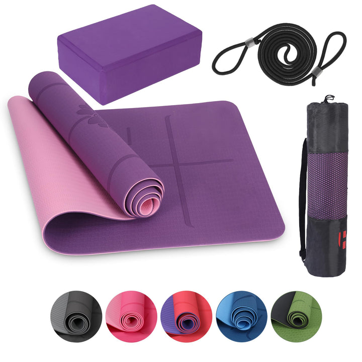Habib Yogamatte Set mit Yogablöcken – Rutschfeste gepolsterte Fitnessmatte inkl. Tragetasche mit Sch