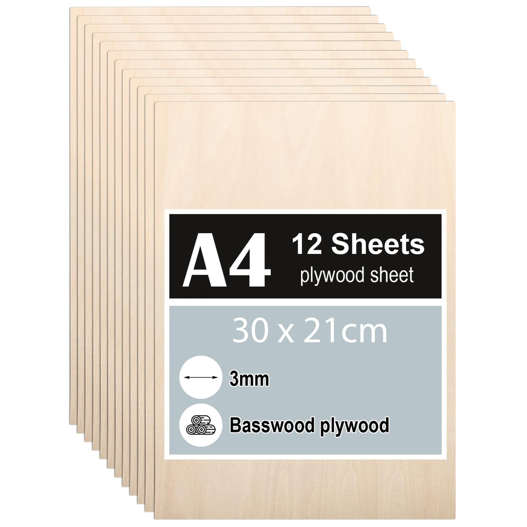 12 Stück Sperrholzplatte 3mm, A4 Sperrholz 30 x 21 cm, Linde Sperrholz, Dünne Holz-Zuschnitte, Holzp